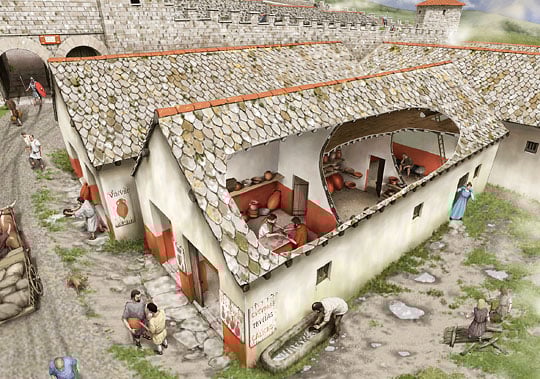 Artist's reconstruction of vicus buildings 1 and 2 at Housesteads Roman Fort, with a cutaway roof section allowing a view of the busy inhabitants Artist's reconstruction of vicus buildings 1 and 2 at Housesteads Roman Fort, with a cutaway roof section allowing a view of the busy inhabitants