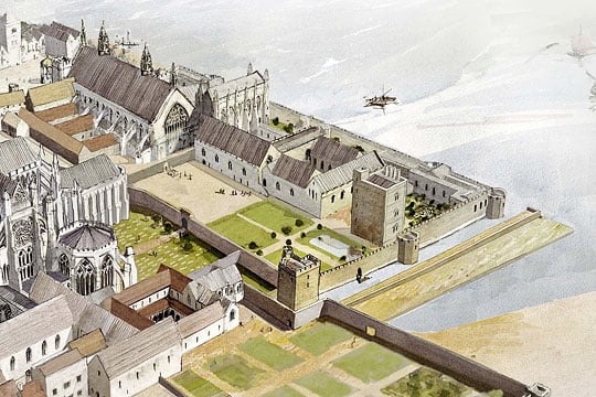 A reconstruction drawing showing the Palace of Westminster in the late 15th century. The Jewel Tower is at the corner of the palace garden A reconstruction drawing showing the Palace of Westminster in the late 15th century. The Jewel Tower is at the corner of the palace garden