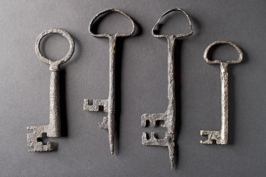 Four well-preserved iron keys found at Roche, dating from the time of Roche abbey Four well-preserved iron keys found at Roche, dating from the time of Roche abbey